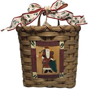 Christmas Card Basket Bath & Body Hanging Santa Claus Wood Woven Festive Ribbon